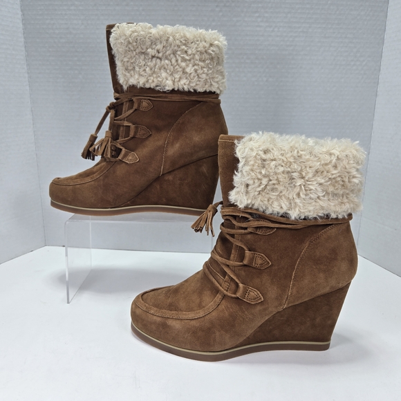 CECELIA NEW YORK North Star Chestnut Suede Leather Faux Fur Wedge Boots Size 8.5 - Picture 2 of 11